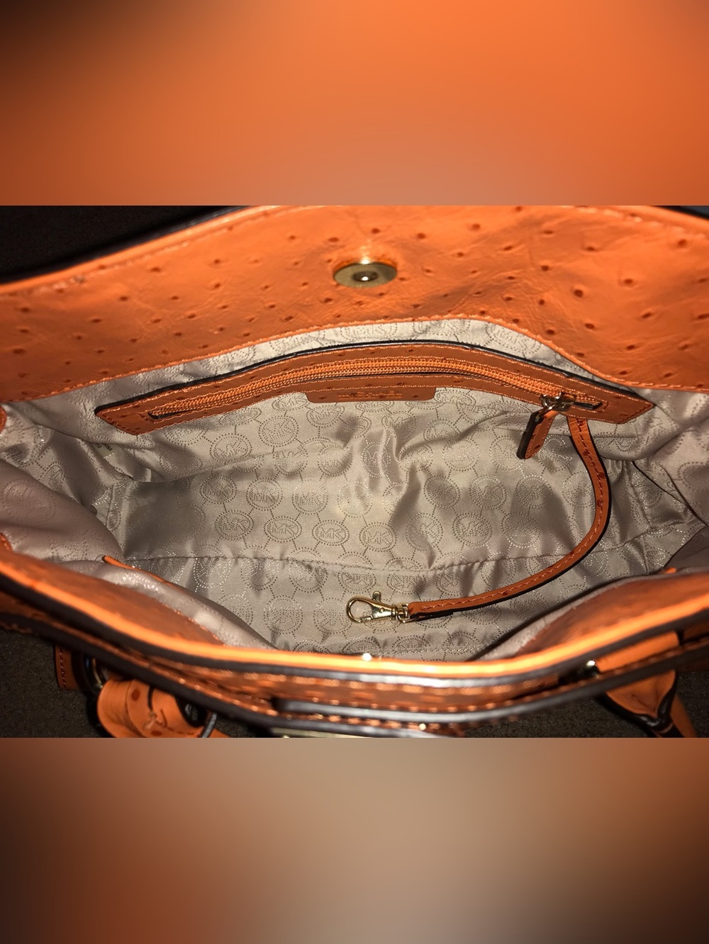 Michael Kors Orange Ostrich-Embossed Satchel Bag - Picture 5 of 13